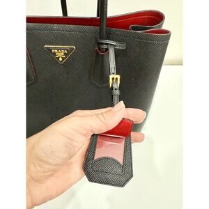 Prada large Double Saffiano Calfskin Leather Shoulder Bag Black Fiery Red
